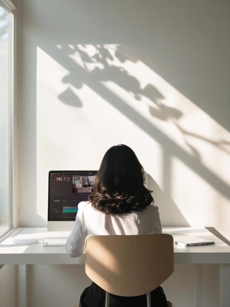 sitting at a computer editing content for faceless marketing